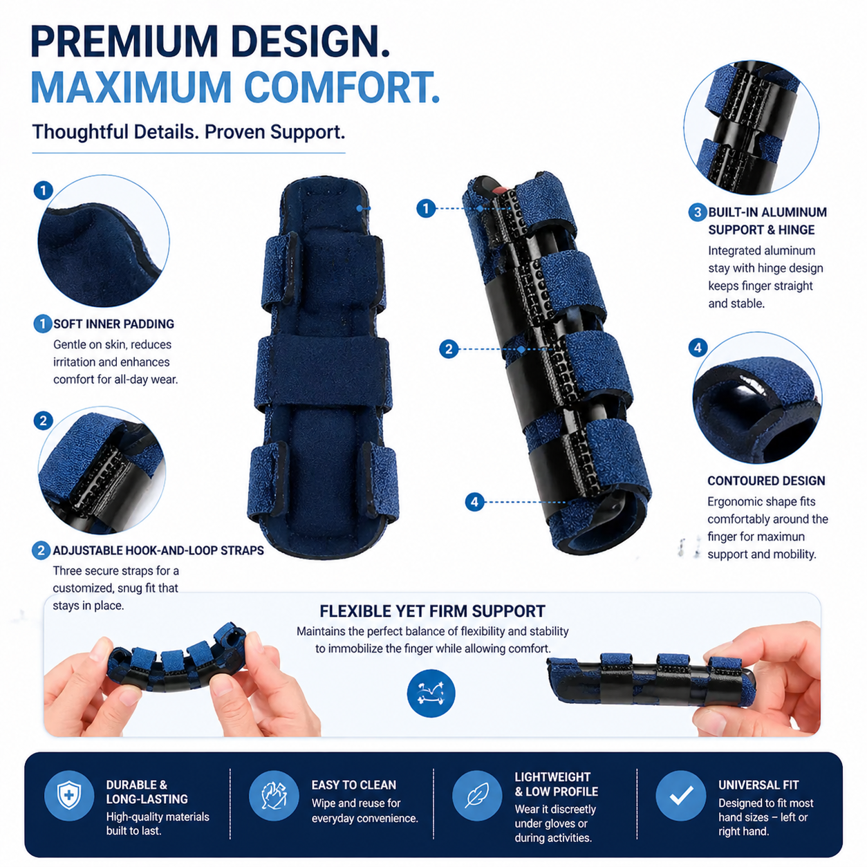 Adjustable finger splint straps and hinge mechanism