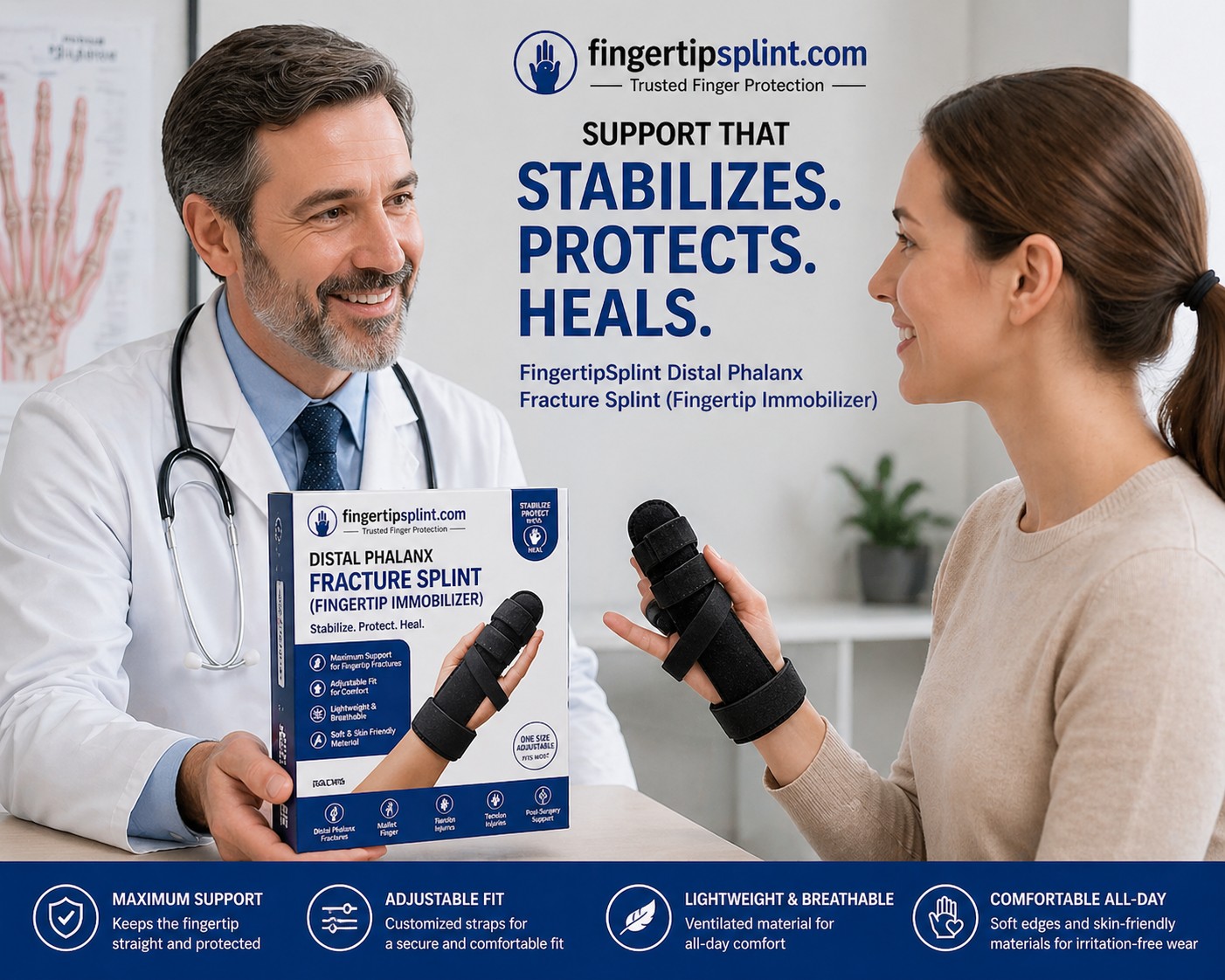 Distal Phalanx Fracture Splint – Advanced Fingertip Immobilizer for Faster Recovery Finger injuries may seem small, but they can seriously impact your daily life — from typing and writing to lifting and gripping objects. Without proper support, even a minor injury can lead to long-term discomfort or limited mobility. That’s where the Distal Phalanx Fracture Splint (Fingertip Immobilizer) comes in. Designed to provide maximum stability, protection, and comfort, this finger immobilizer helps keep your fingertip in the correct position, supporting natural healing and reducing the risk of further injury. 💡 What is a Distal Phalanx Fracture Splint? A distal phalanx fracture splint is a specialized support designed to immobilize the tip of your finger (DIP joint). It is commonly used for: Distal phalanx fractures Mallet finger (drooping fingertip) Tendon injuries Finger sprains and strains Post-surgery recovery Medical guidelines often emphasize keeping the fingertip straight during healing — and this fingertip immobilizer splint is built exactly for that purpose. 🚀 Why Choose This Fingertip Immobilizer Splint? ✔ Stabilizes & Protects the Finger This splint helps keep your fingertip straight and supported, reducing unnecessary movement and promoting proper healing. ✔ Adjustable & Secure Fit Featuring strong hook-and-loop straps, the splint offers a customizable fit that adapts to your hand comfortably while staying securely in place. ✔ Lightweight & Breathable Design Made with breathable materials, this splint prevents excessive sweating and discomfort, making it ideal for long-term wear. ✔ Comfortable for Daily Use Soft edges and ergonomic design ensure the splint does not irritate your skin, allowing you to wear it throughout the day with ease. ✔ Durable & Reliable Support Built with high-quality materials, this finger immobilizer provides consistent support during your recovery journey. 🎯 Who Should Use This Product? This finger immobilizer splint is perfect for: Individuals with finger fractures People suffering from mallet finger Athletes with sports-related injuries Workers needing hand protection Patients recovering from hand or finger surgery Whether your injury is minor or requires longer recovery, this splint offers reliable support. 🛠️ How to Use the Finger Immobilizer Using this splint is simple and effective: Place your injured finger inside the splint Ensure the fingertip is straight Secure the adjustable straps Adjust for comfort and stability 👉 For best results, wear continuously as advised. ⚠️ Important Tips for Faster Healing Keep the finger straight at all times Avoid unnecessary movement Clean and dry the splint regularly Follow medical advice for recovery duration Proper usage ensures the best results. 📦 What’s Included ✔ 1 × Distal Phalanx Fracture Splint ✔ Adjustable secure strap system ✔ Lightweight breathable material ⭐ Why Customers Trust FingertipSplint Designed for real recovery needs Comfortable for long wear Durable and easy to use Trusted by thousands of users 🛒 Final Thoughts A finger injury should never be ignored. Using the right distal phalanx fracture splint can make a significant difference in your recovery — helping reduce pain, improve healing, and restore normal function faster. 👉 Don’t wait — support your finger the right way today.