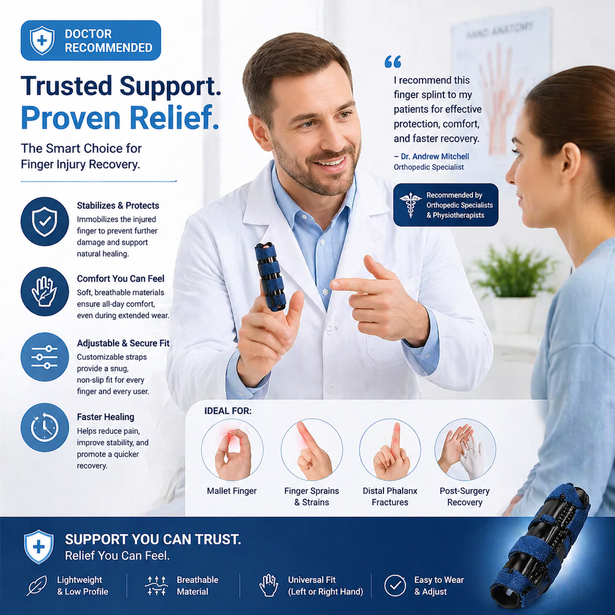Index Finger Splint kit with packaging and extras