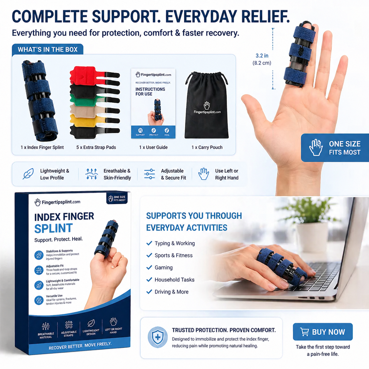 Index finger splint multi-angle view
