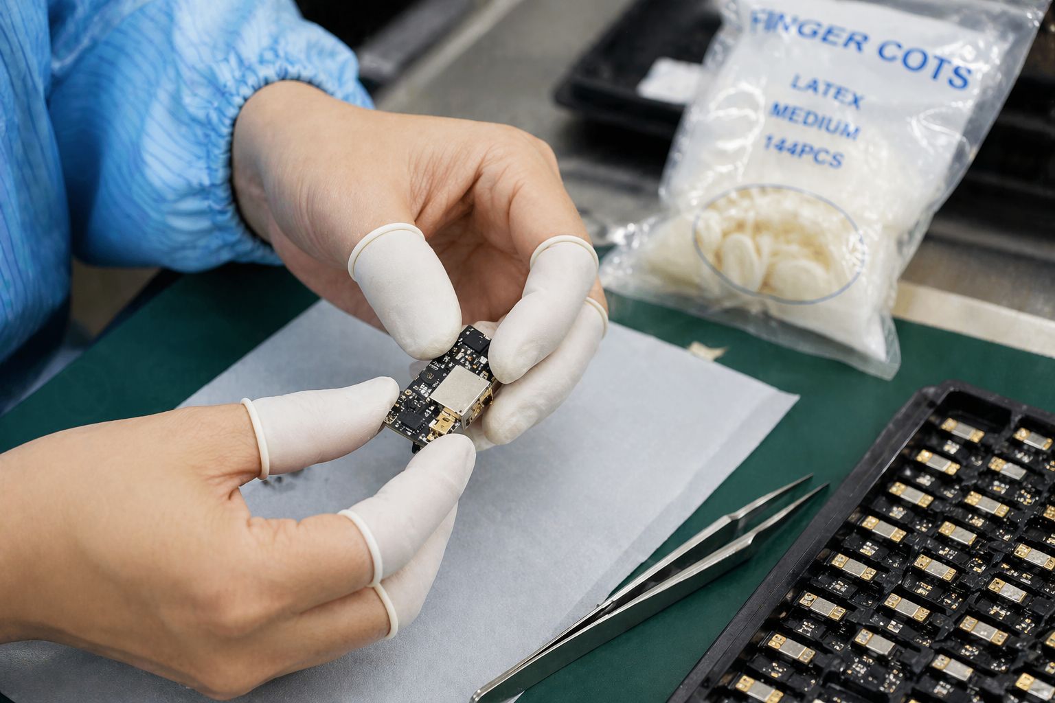 Worker using rubber finger cots for electronics handling and protection