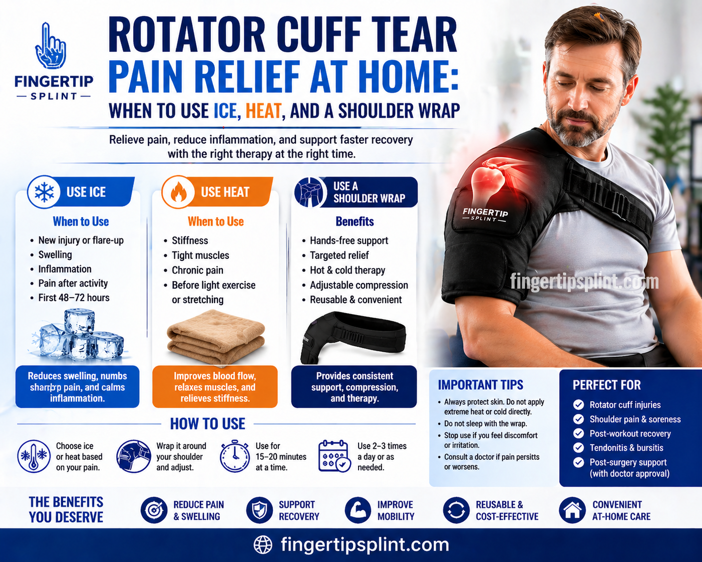 Guide for rotator cuff tear pain relief at home with shoulder ice pack wrap