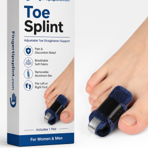 Toe splint packaging with adjustable toe straightener support by Fingertipsplint.com