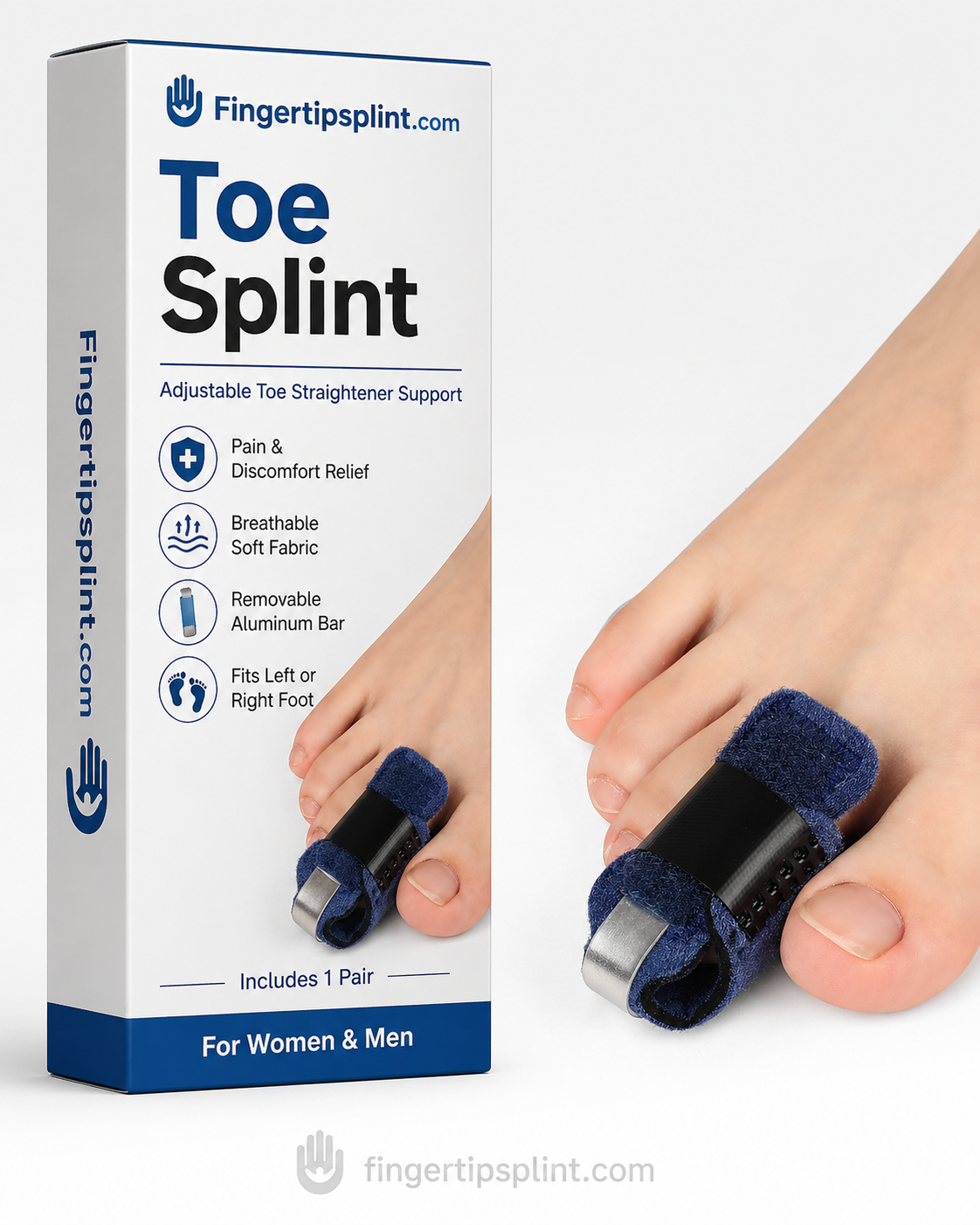Toe splint packaging with adjustable toe straightener support by Fingertipsplint.com
