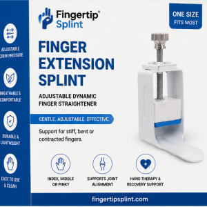 Adjustable Finger Extension Splint for straightening stiff, bent, and contracted fingers with progressive screw adjustment and ergonomic support
