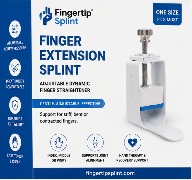Adjustable Finger Extension Splint for straightening stiff, bent, and contracted fingers with progressive screw adjustment and ergonomic support
