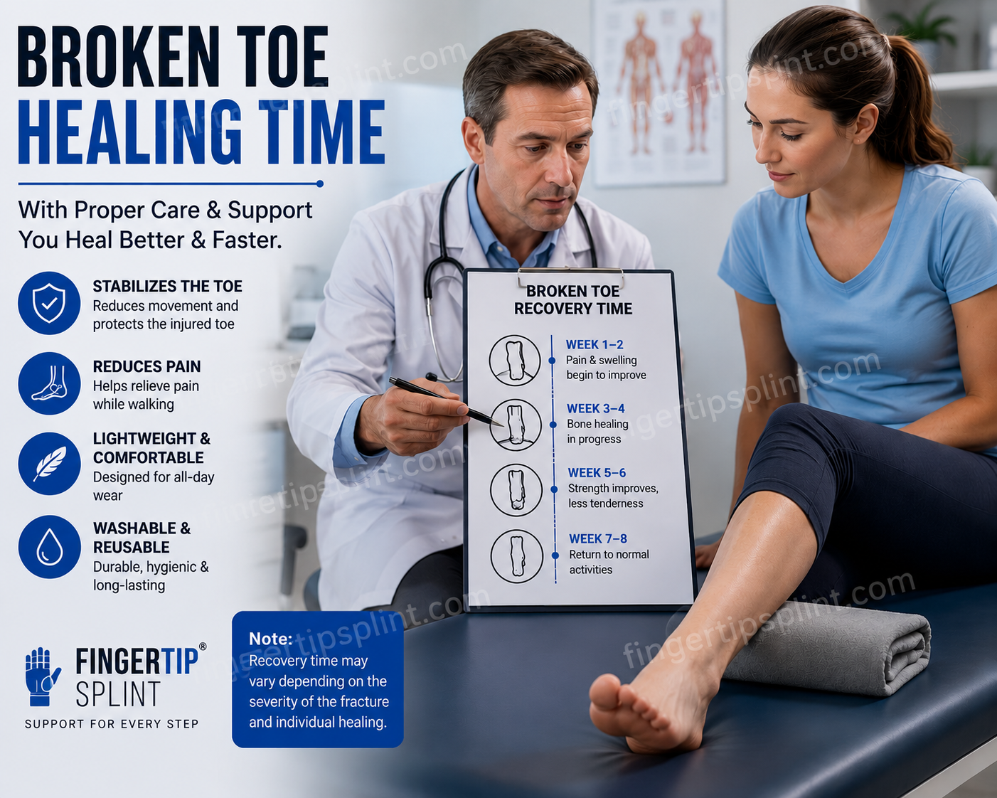 Broken toe healing time with adjustable toe splint on the big toe during recovery