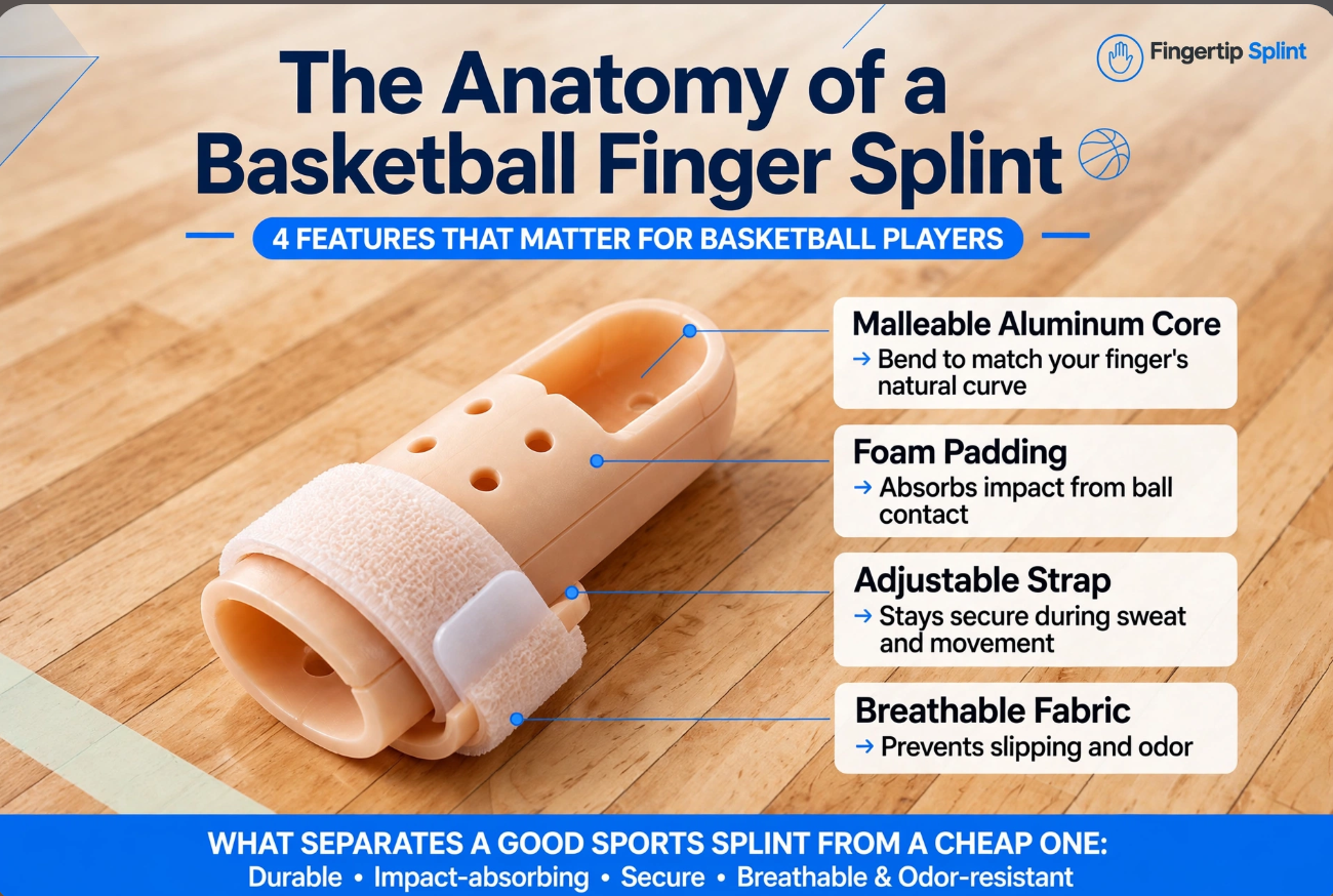 Adjustable basketball finger splint with support structure, strap, and joint support area