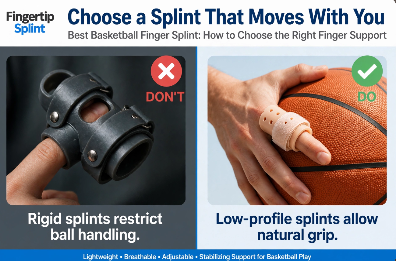 Basketball finger splint showing support structure, adjustable strap, and finger movement zone