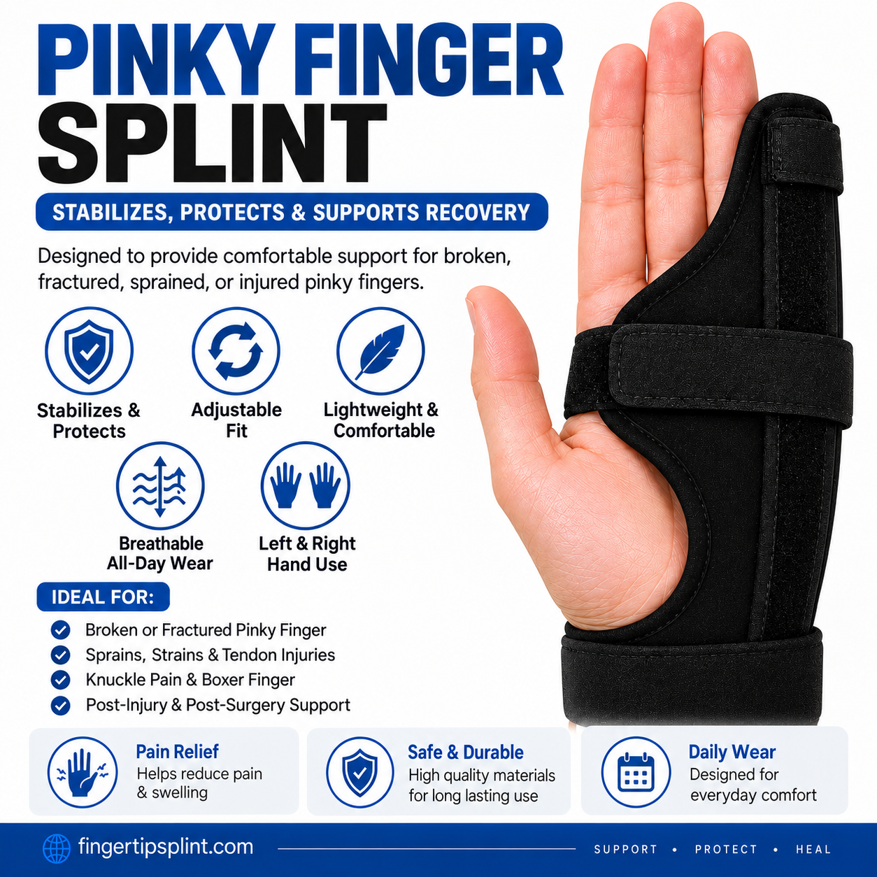 Adjustable pinky finger splint providing support, protection, and comfort for injured fingers
