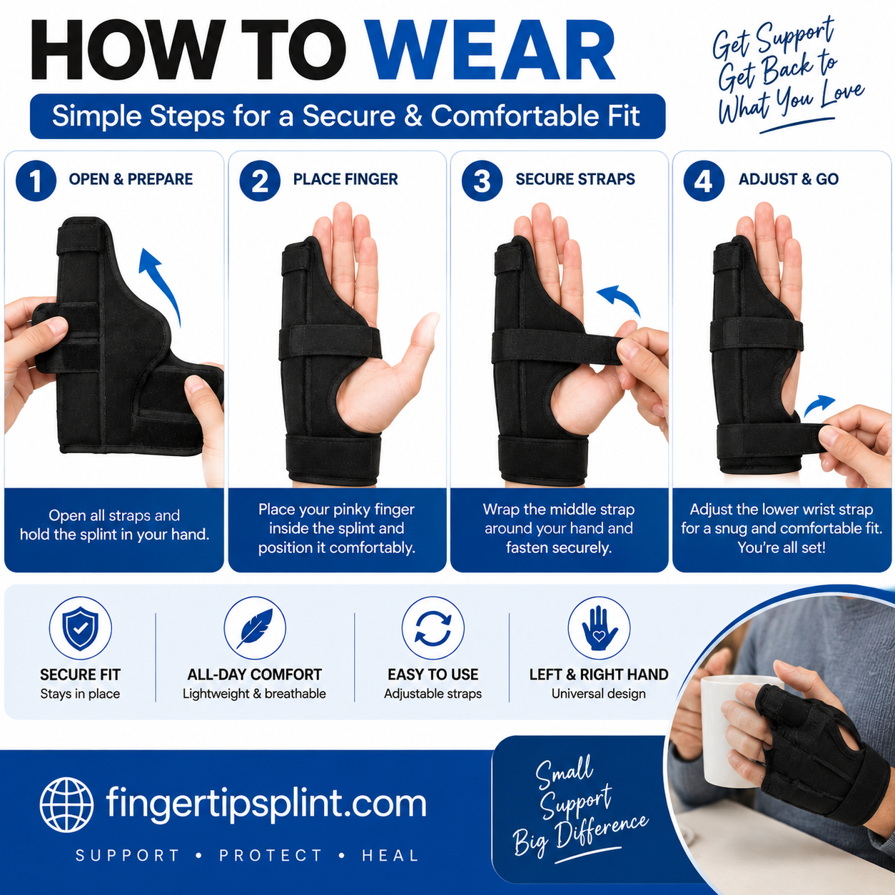 How to wear a pinky finger splint with step-by-step instructions for adjustable finger support