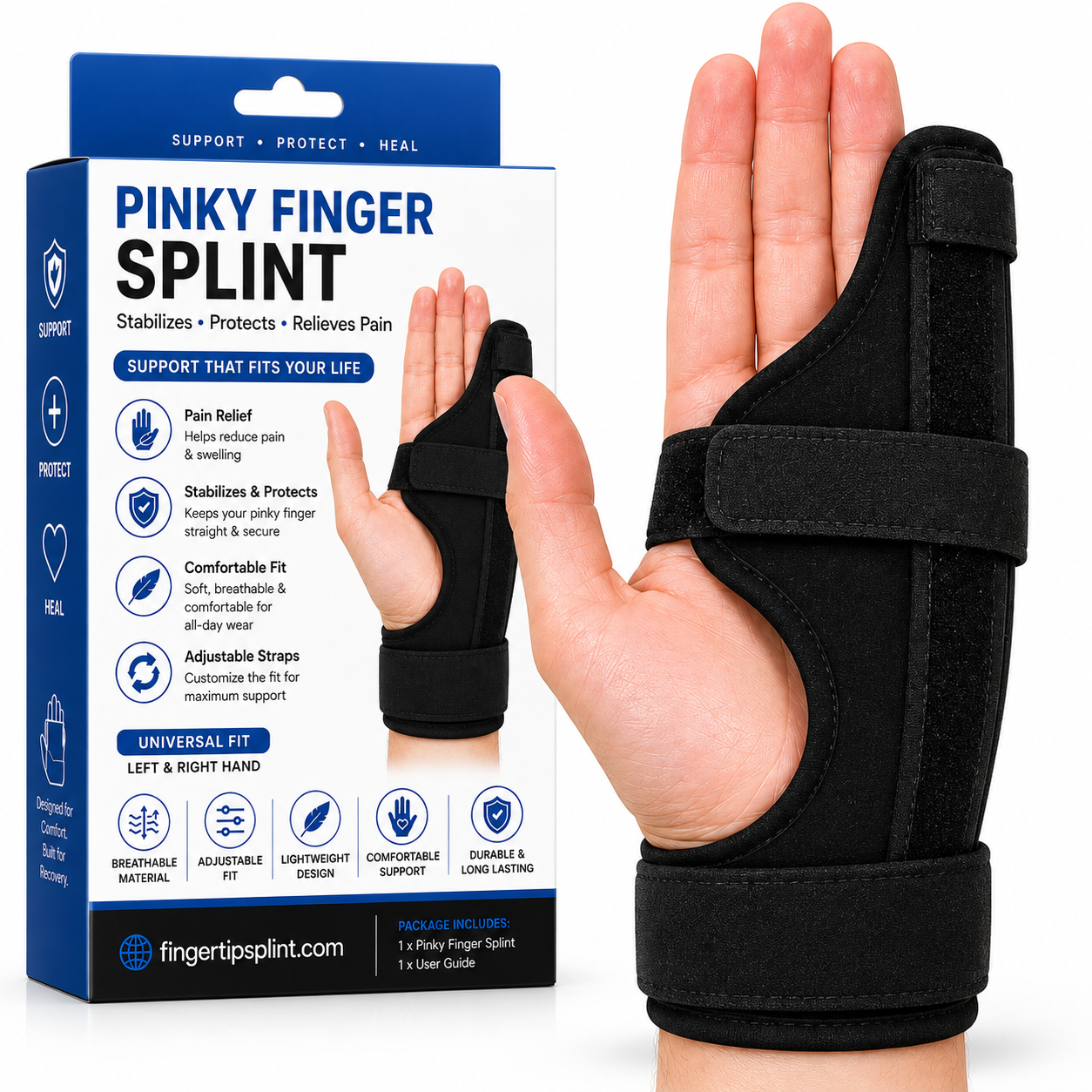 Pinky finger splint for broken and fractured fingers with adjustable support brace and product packaging