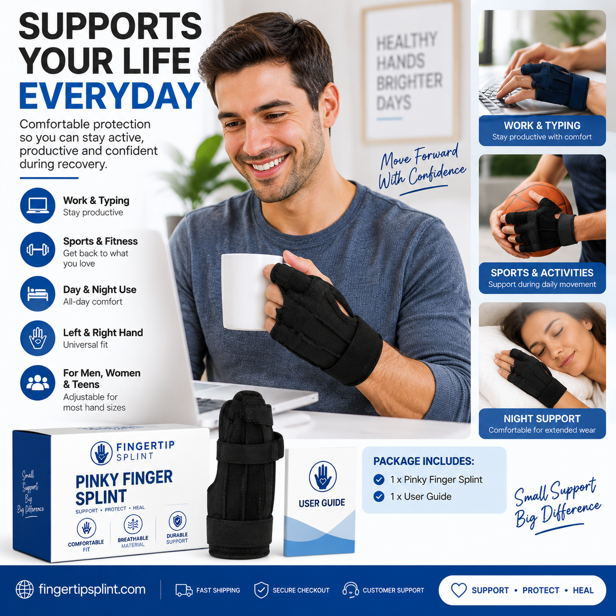 Pinky finger splint for daily activities including work, sports, and comfortable hand support