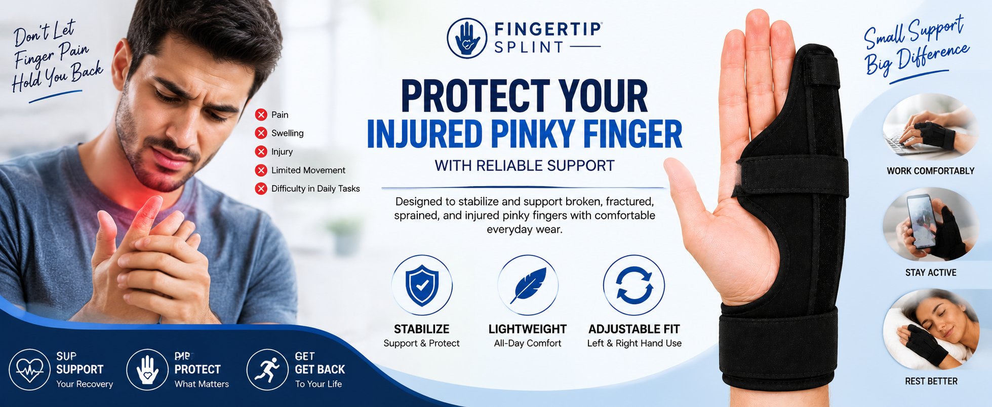 Pinky finger splint for broken and injured fingers