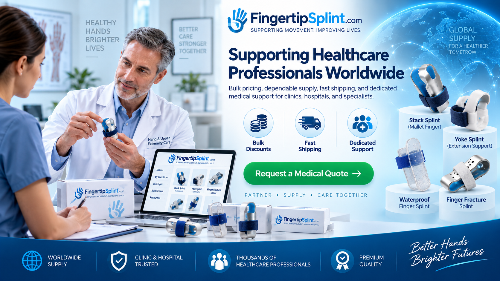 Doctor reviewing finger splint products with healthcare team for medical supply partnership