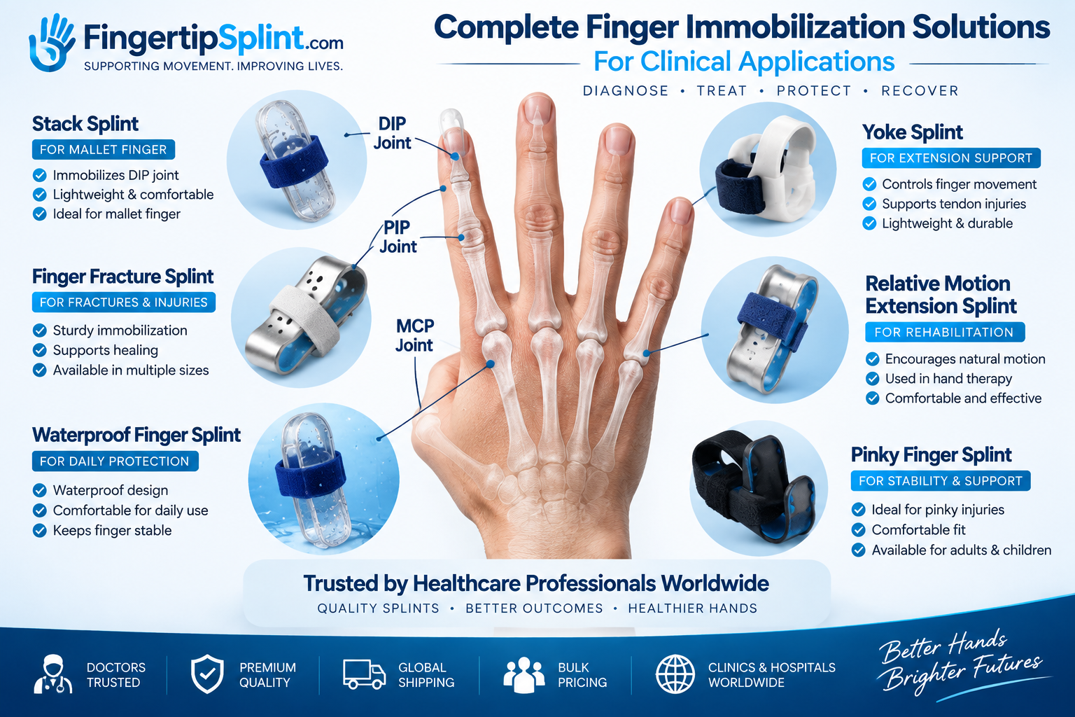 Complete finger immobilization solutions showing stack splint yoke splint fracture splint and waterproof finger splint options