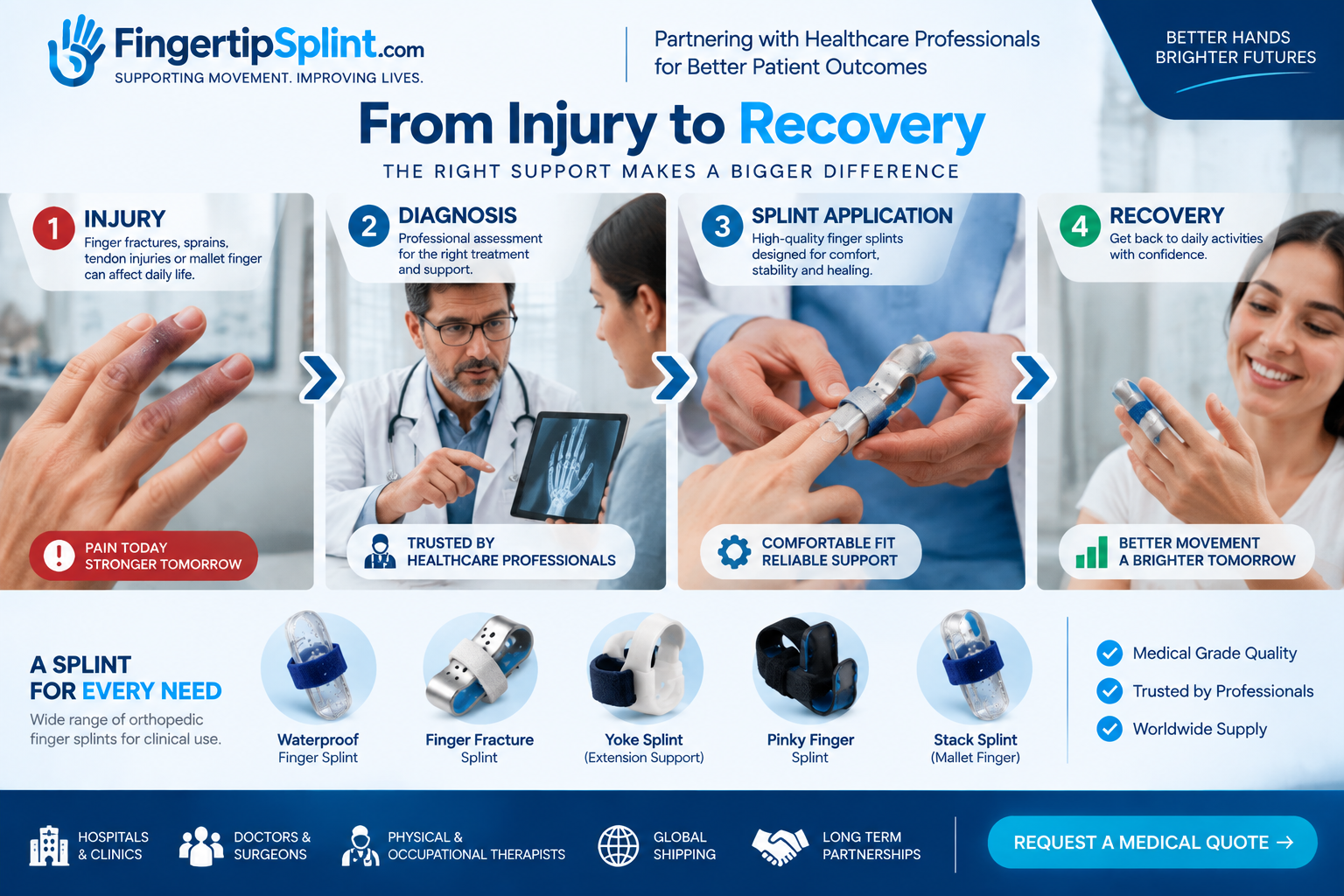 Finger injury diagnosis and recovery process using professional orthopedic finger splint support