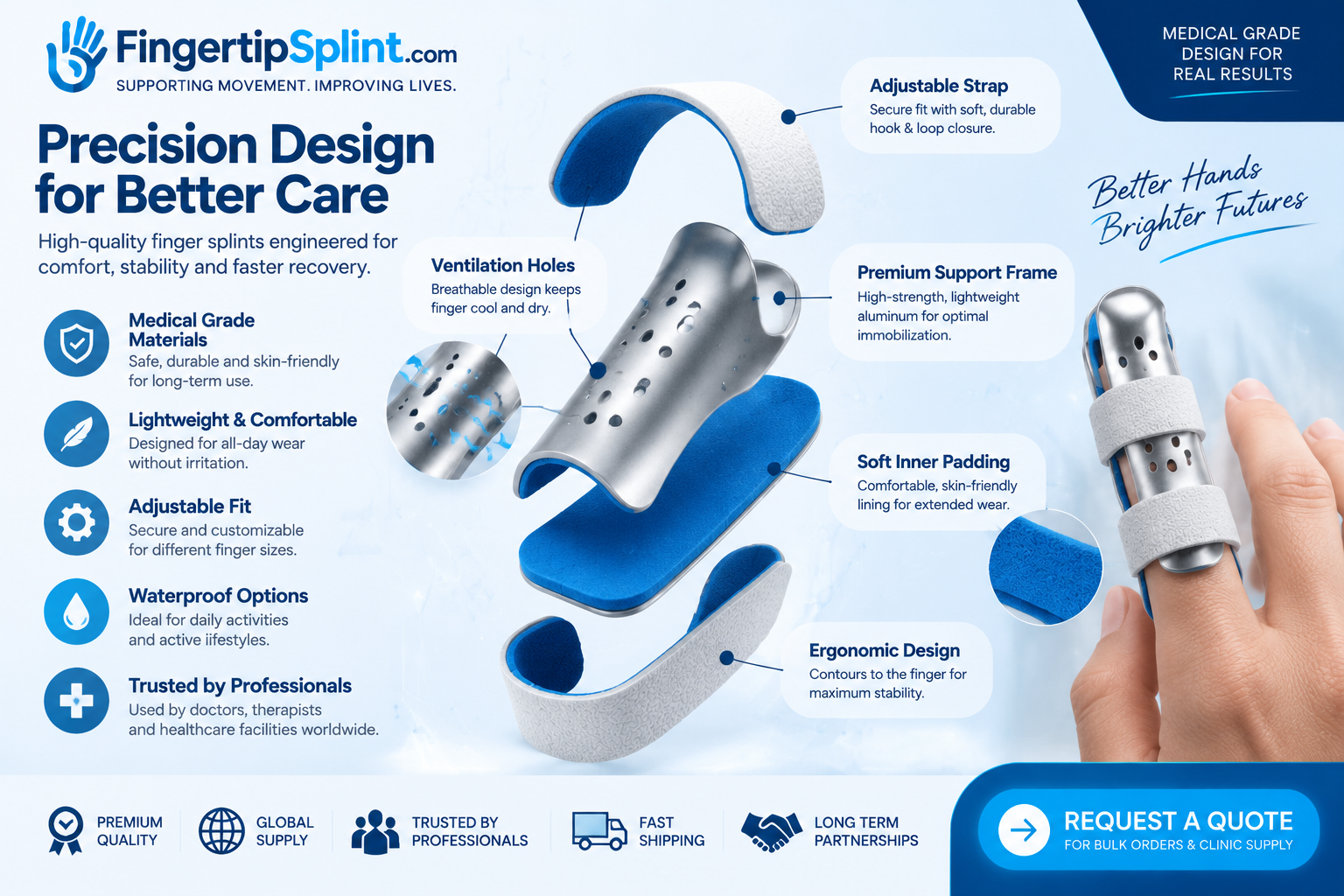 3D medical finger splint design showing adjustable straps ventilation and ergonomic support features