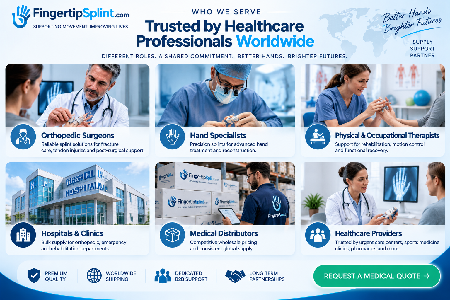 Healthcare professionals using finger splint solutions including orthopedic surgeons therapists and clinics