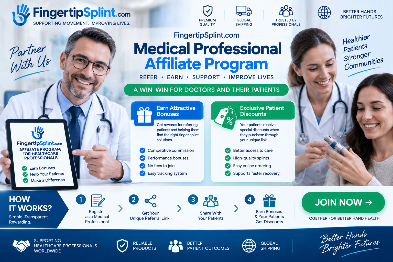 Doctor affiliate program offering rewards and patient discounts for finger splint products