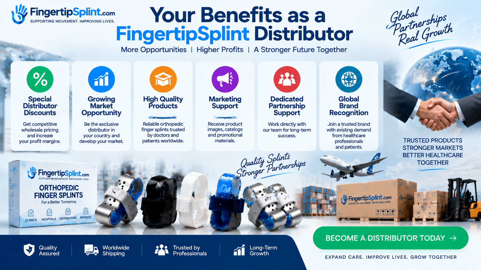 Medical finger splint supply chain from manufacturer to distributor doctors clinics and patients worldwide