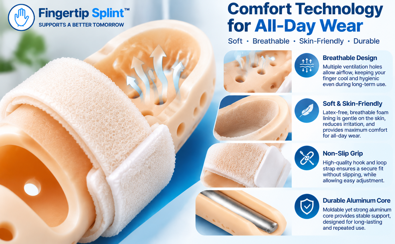 Comfortable breathable finger splint technology with adjustable support strap