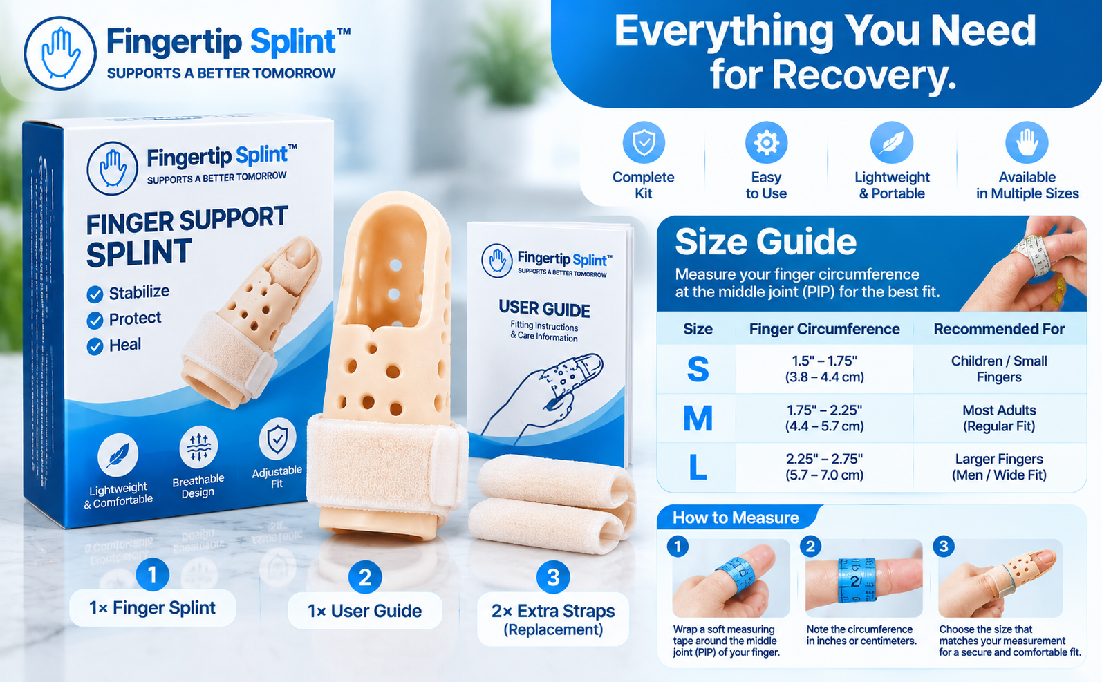 Complete finger splint guide showing sizing features and recovery support
