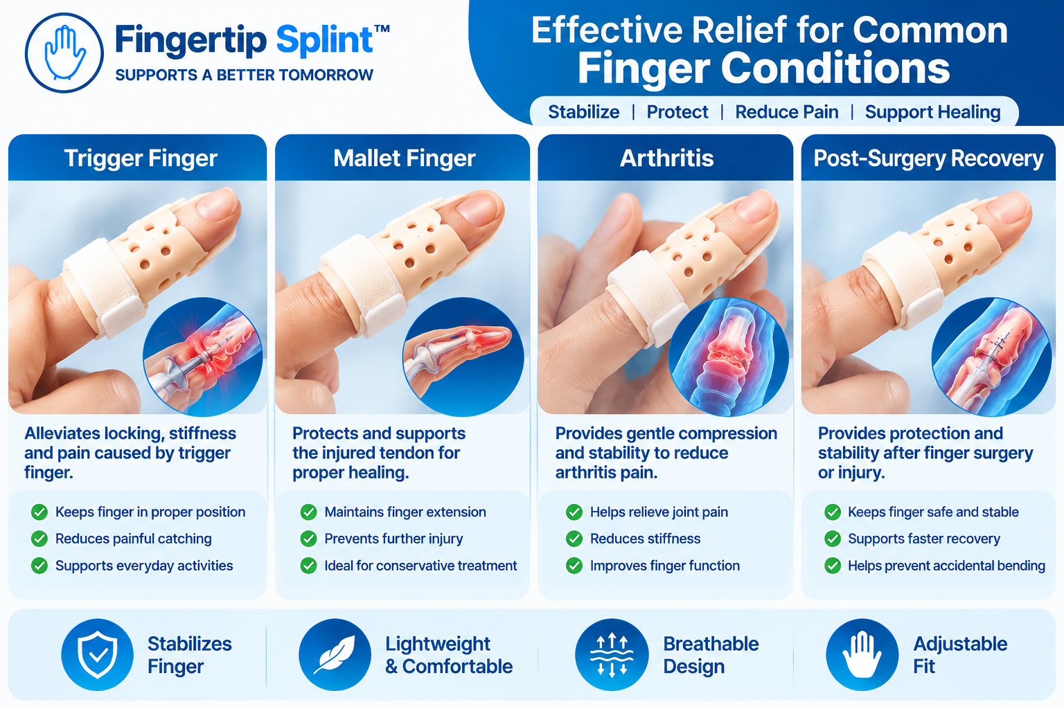 Adjustable finger splint for sports injury protection and finger joint support