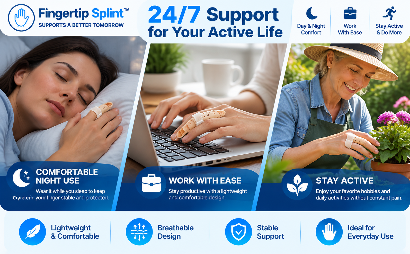 Basketball finger splint providing support during sports and daily activities