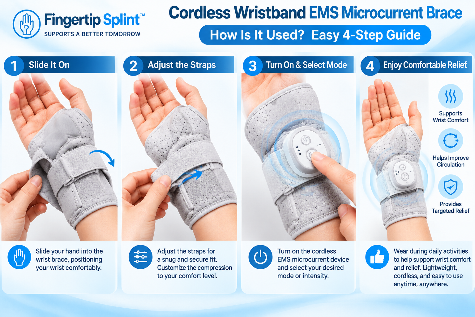 EMS microcurrent wrist brace showing wearable design and electronic components