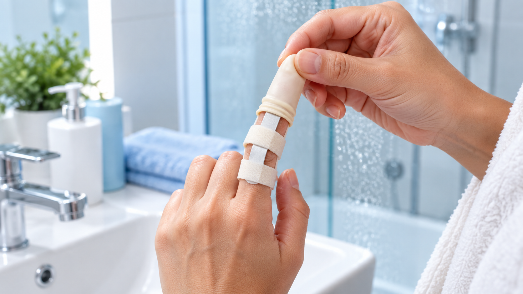 Finger cot used as additional protection over a finger splint before showering