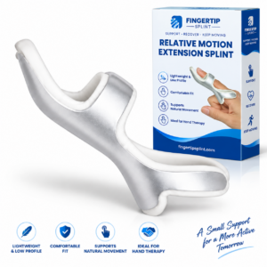 Relative Motion Extension Splint with Fingertip Splint premium product packaging on white background