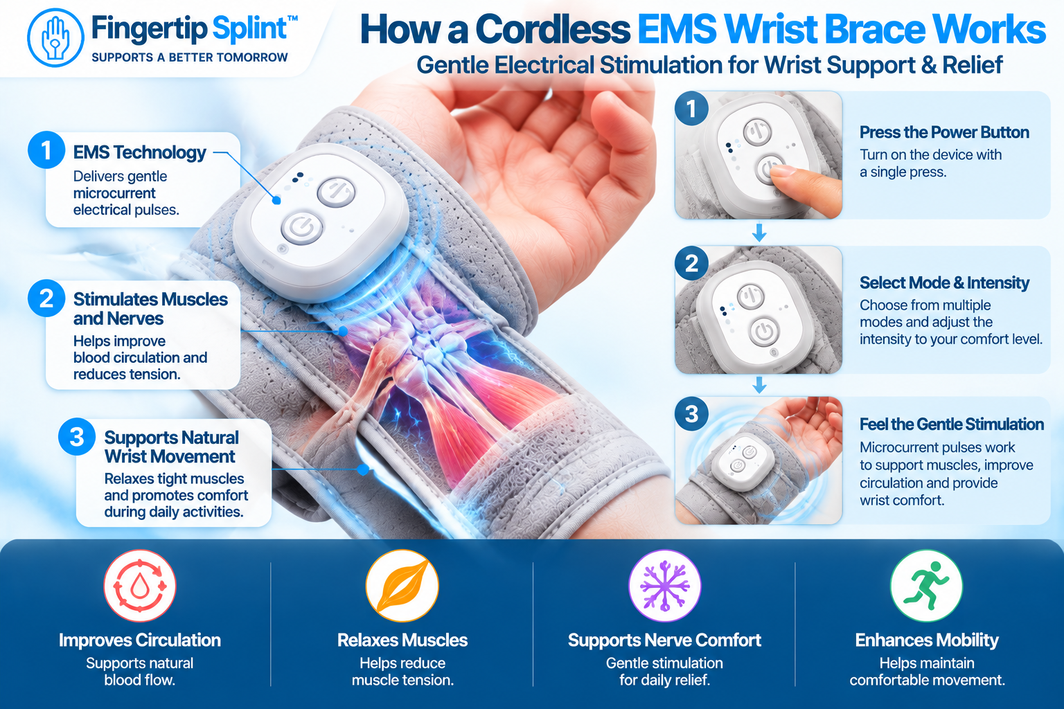 Cordless EMS wrist brace mechanism showing power control contact and stimulation pathway