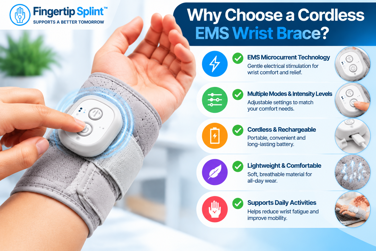 Cordless EMS wrist brace design showing integrated power control and stimulation system