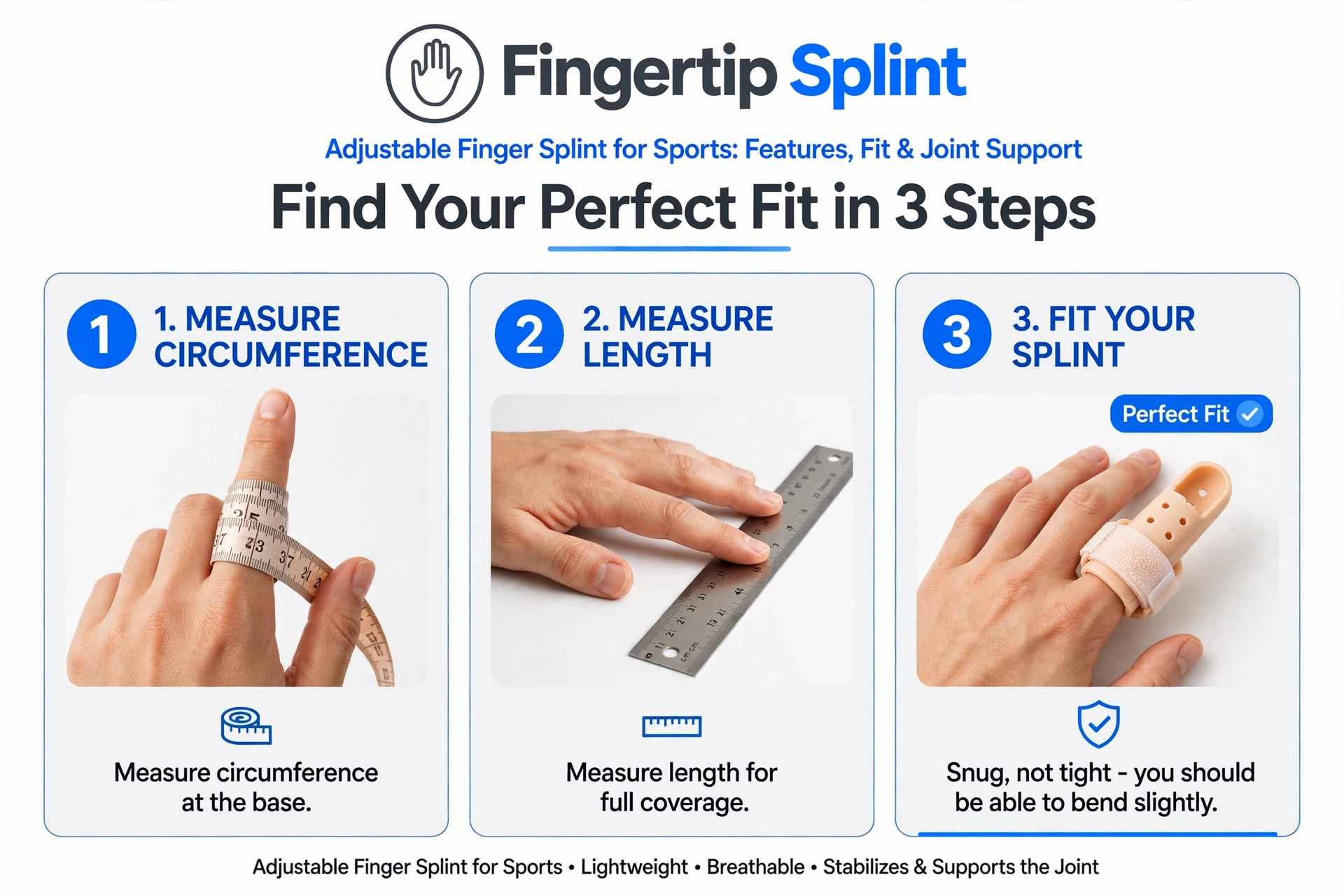 Adjustable finger splint for sports showing support structure, strap, and joint coverage