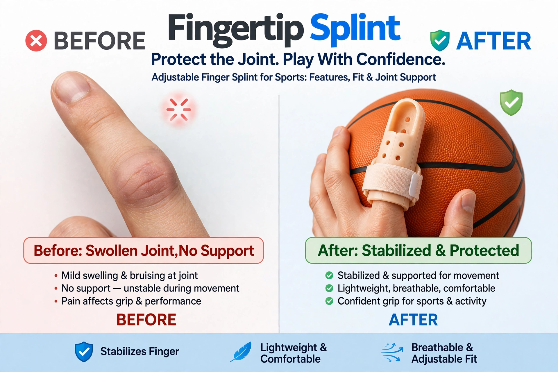 Adjustable finger splint for sports showing strap closure, joint support, and finger movement