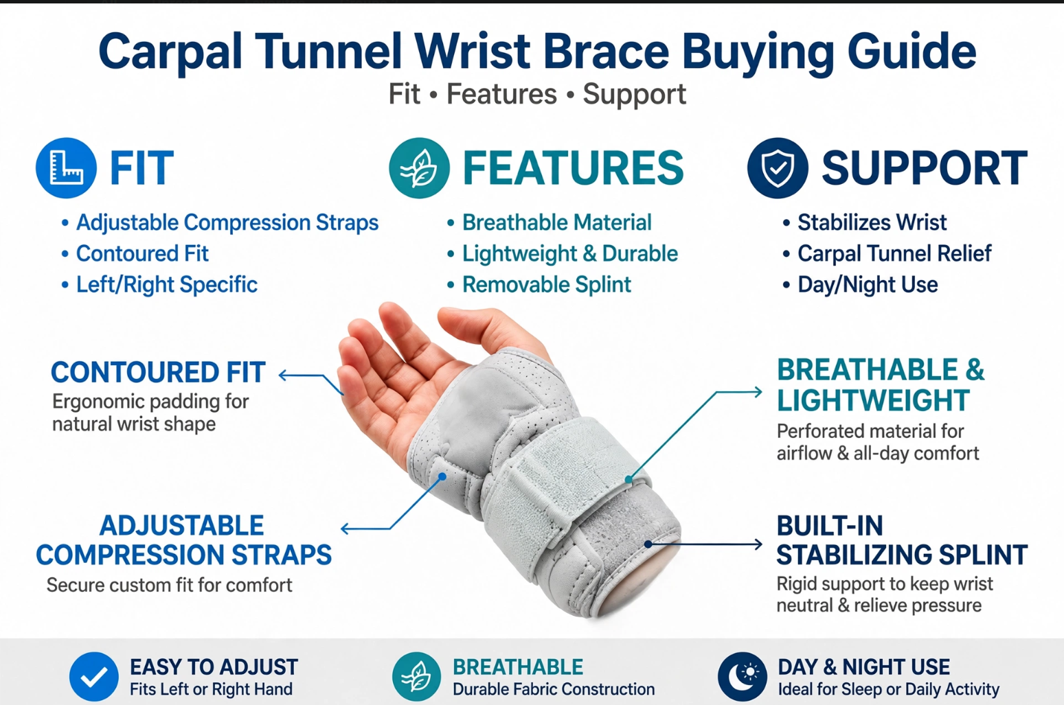 Close-up of an adjustable wrist brace showing the support insert, strap system, and finger opening