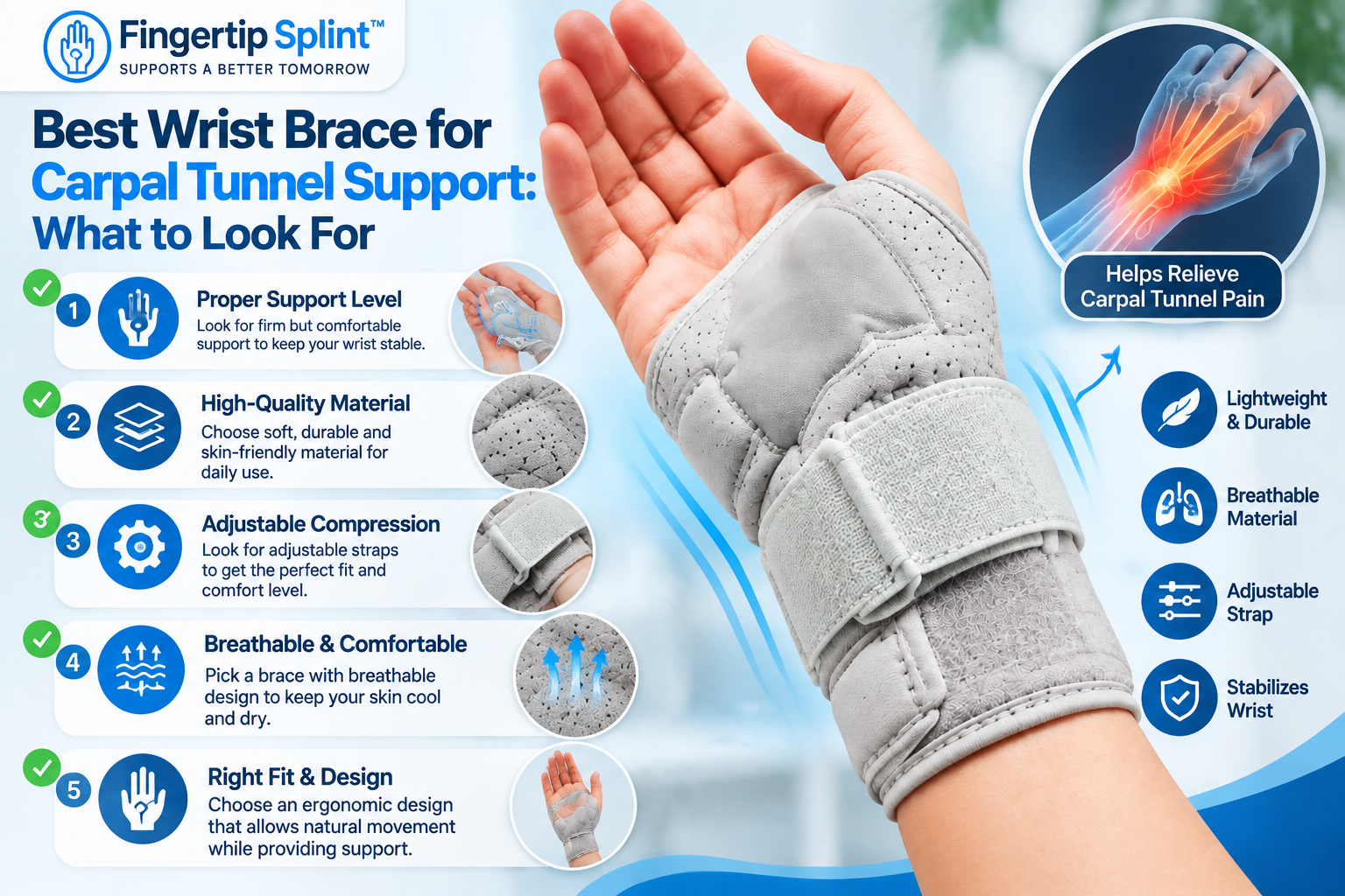 Carpal tunnel wrist brace with adjustable support straps