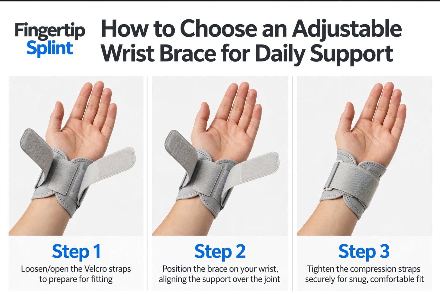 Adjustable wrist brace with hook-and-loop straps and finger opening for daily support