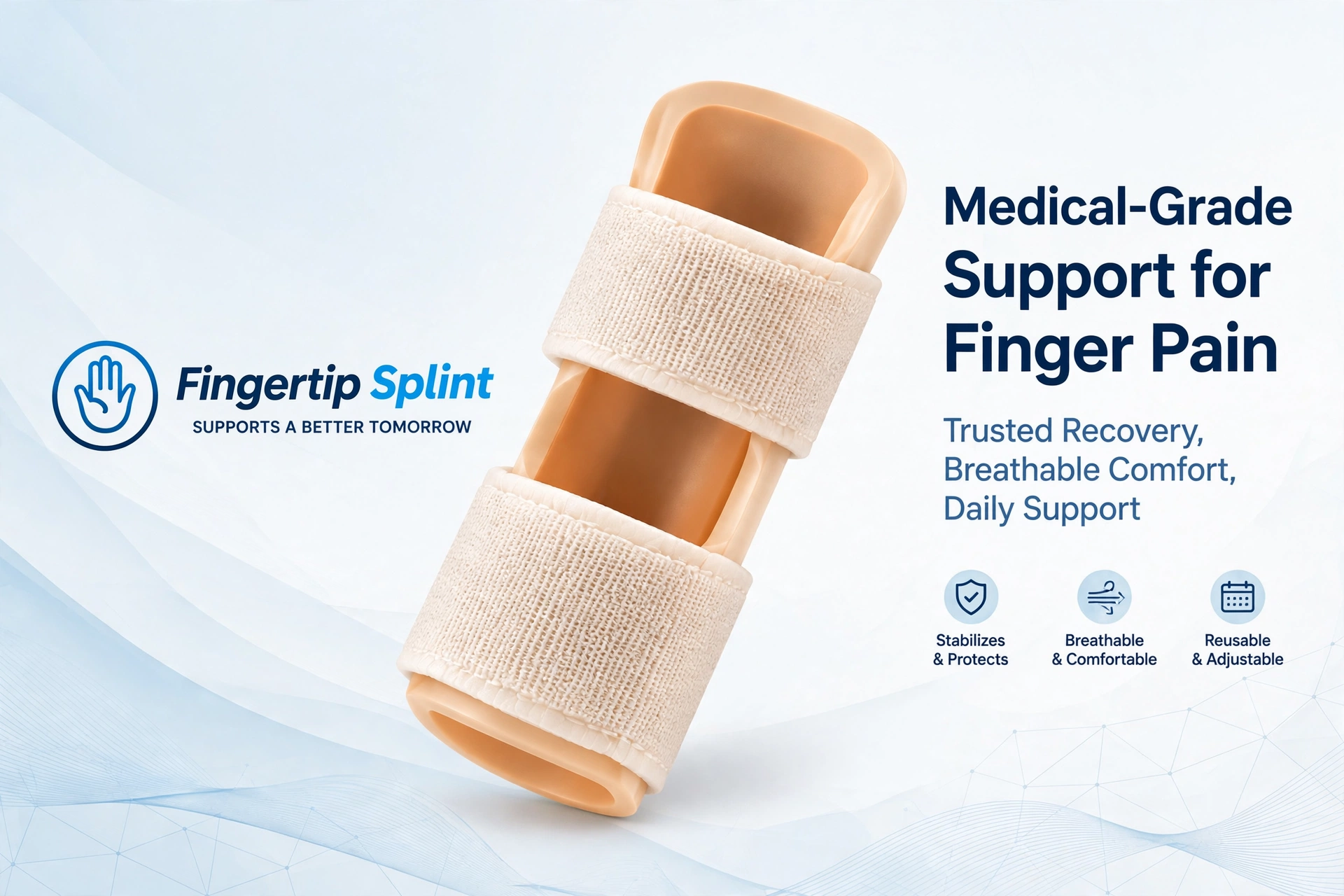 Fingertip Splint brand header banner showing medical-grade support for finger pain