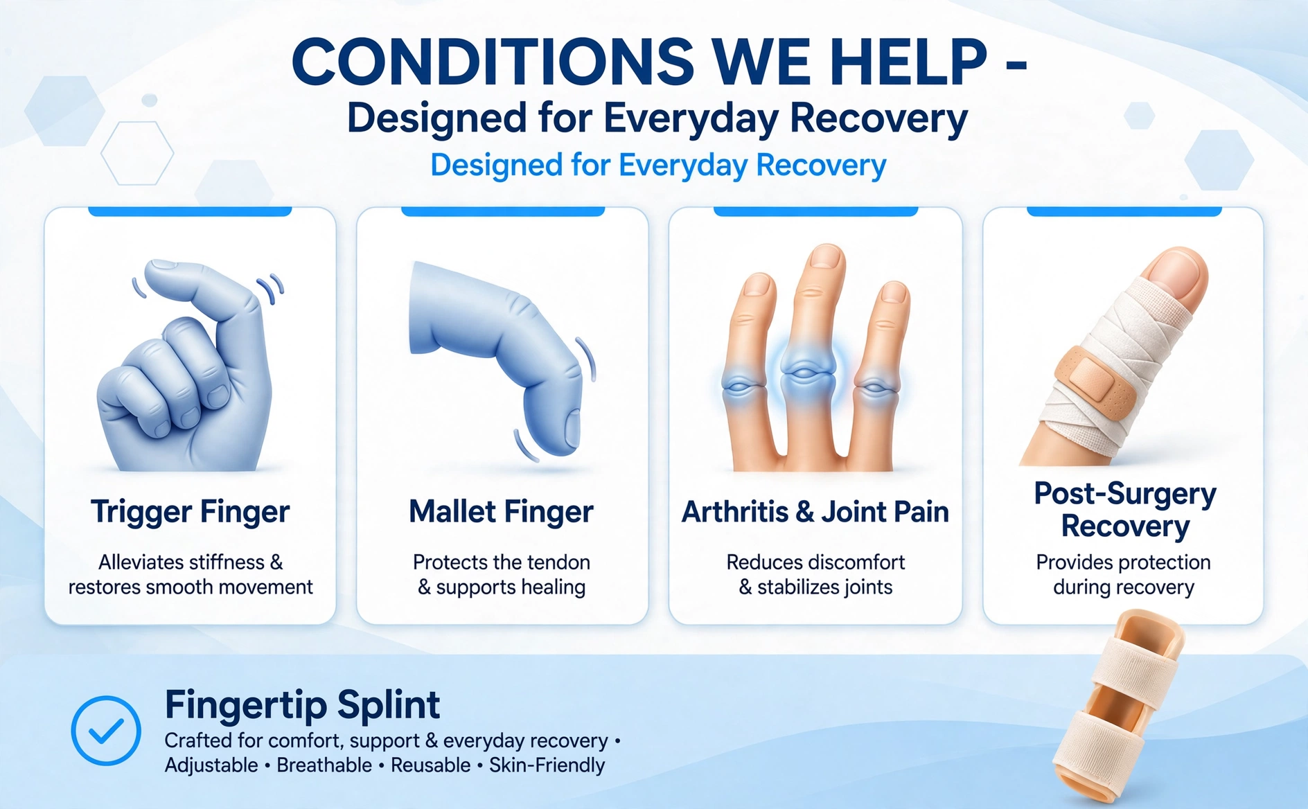 Conditions we help grid showing trigger finger mallet finger arthritis post surgery recovery
