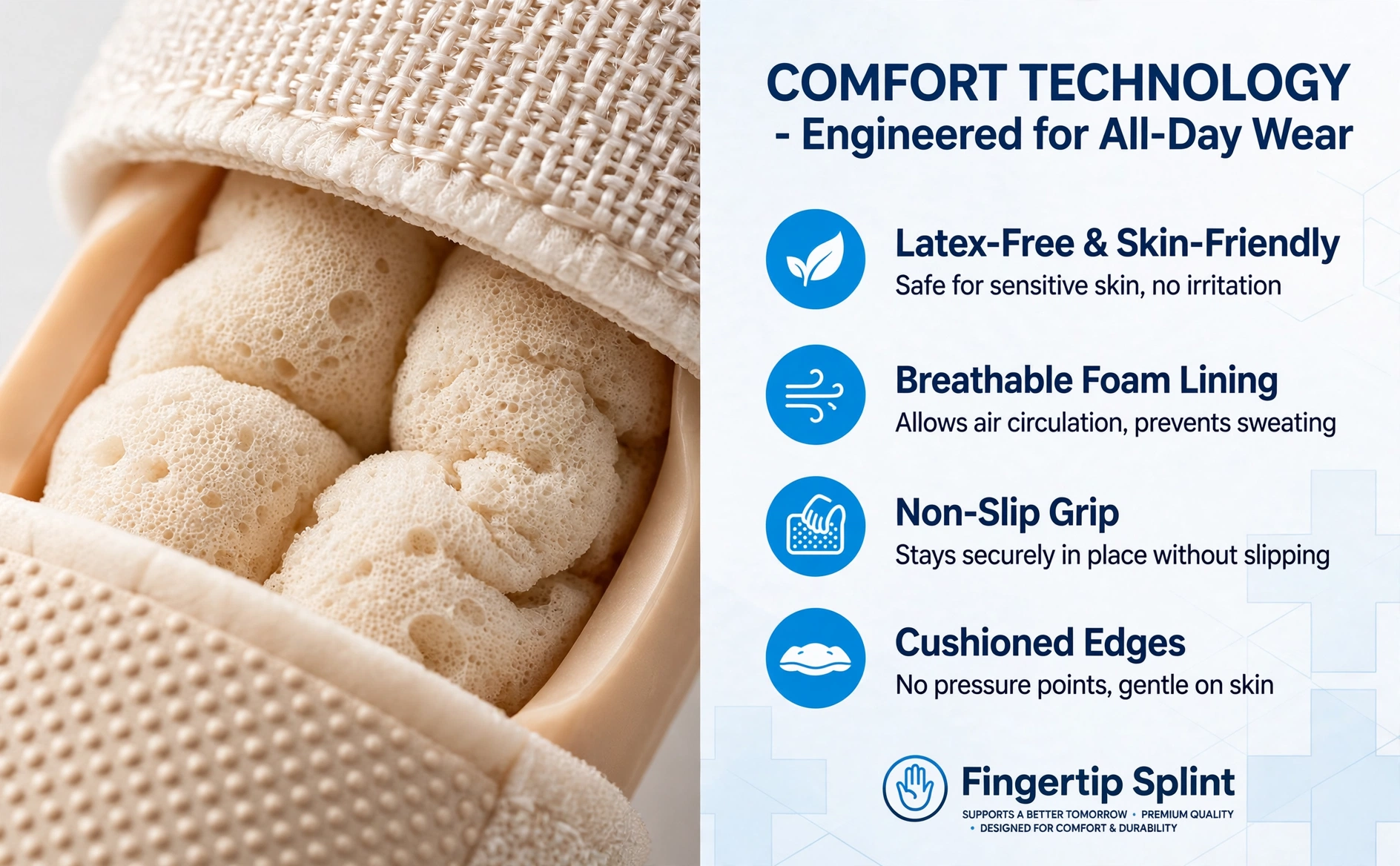 Close-up of breathable foam lining and non-slip grip inside fingertip splint