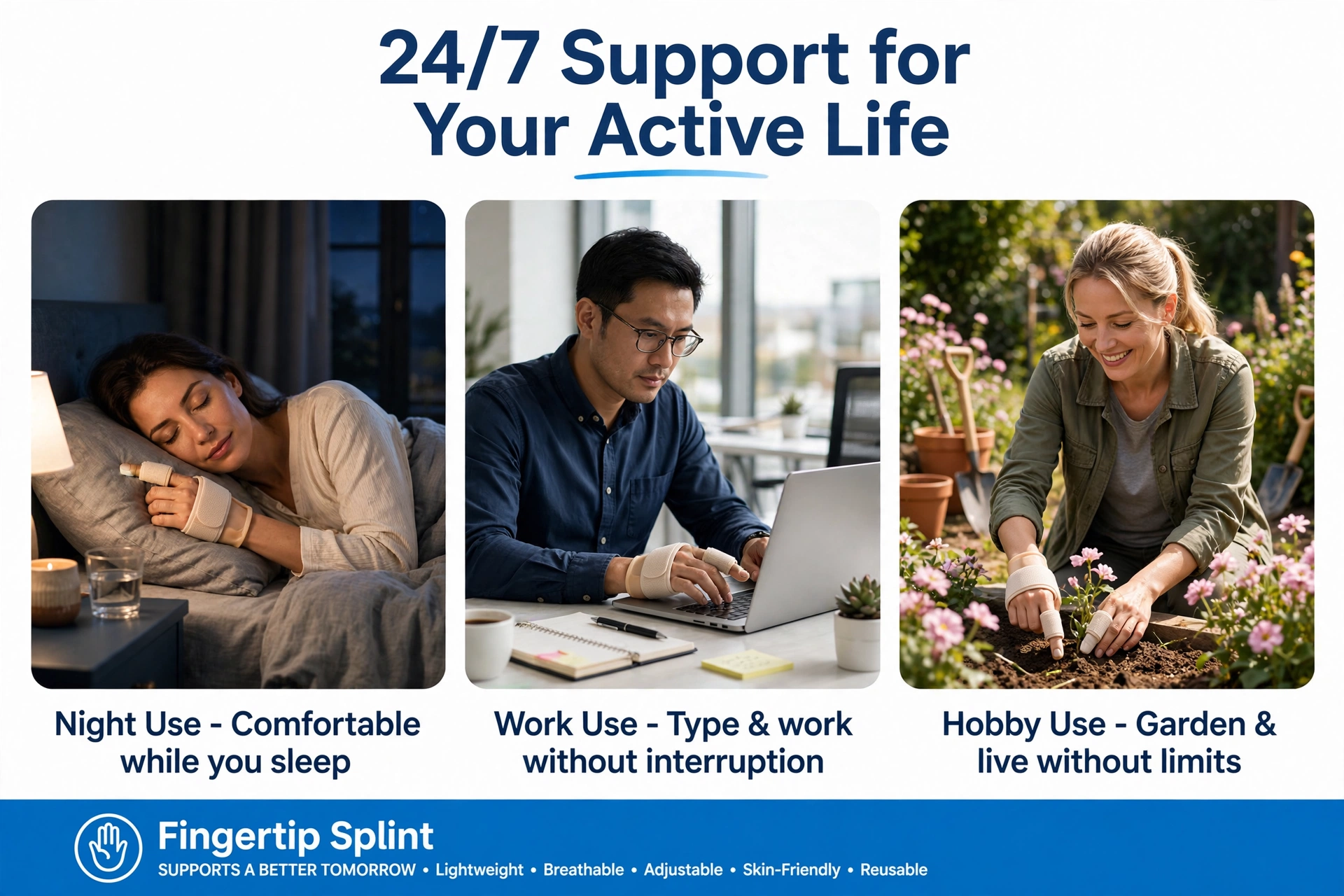 Lifestyle collage showing finger splint used for sleeping working and gardening