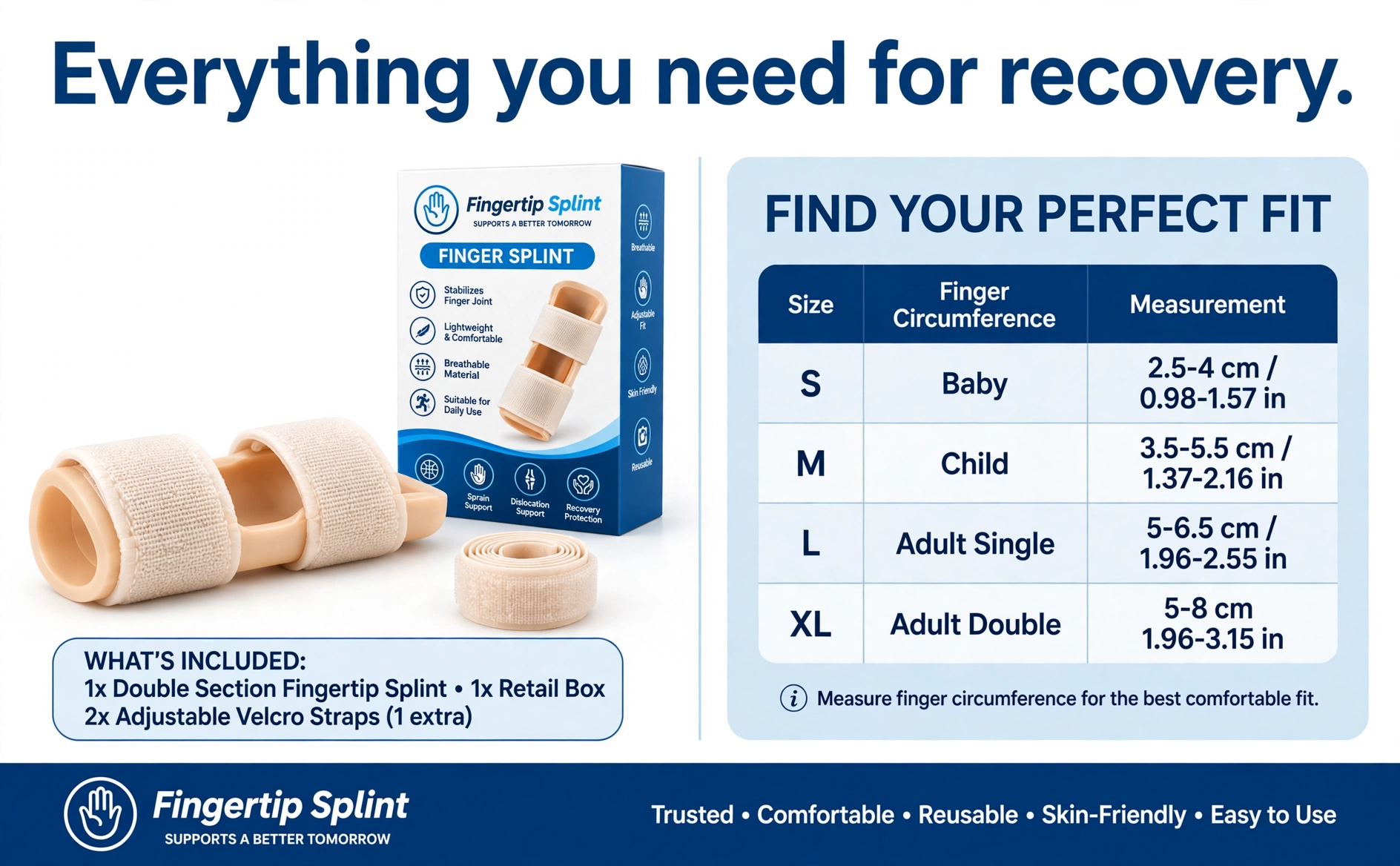 What is in the box showing fingertip splint packaging and sizing chart for baby child adult