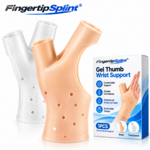 Fingertip Splint gel thumb wrist support in beige and transparent with branded packaging