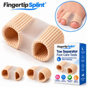 Fingertip Splint 1PCS beige toe separator with two flexible fabric loops and central spacing pad beside branded packaging.