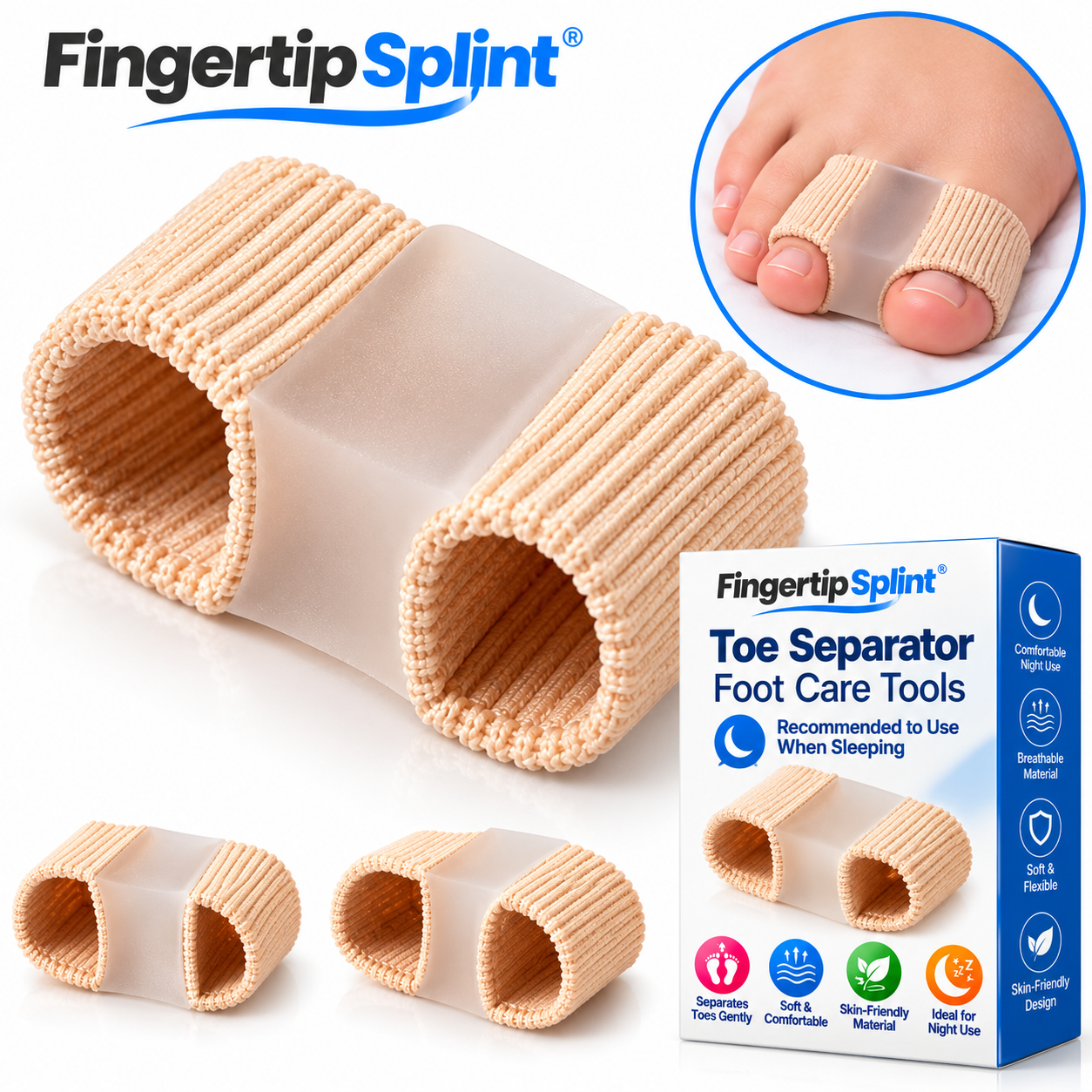 Fingertip Splint 1PCS beige toe separator with two flexible fabric loops and central spacing pad beside branded packaging.