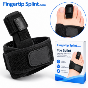 Fingertip Splint.com adjustable broken toe splint with forefoot support band, toe strap and branded product packaging