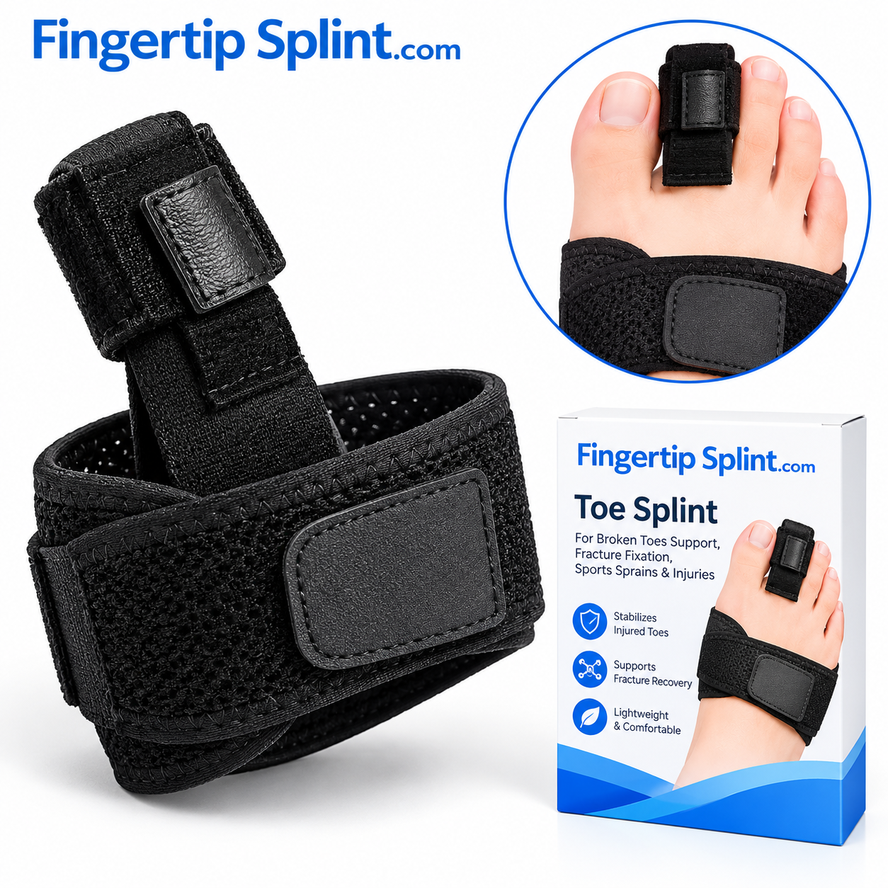 Fingertip Splint.com adjustable broken toe splint with forefoot support band, toe strap and branded product packaging