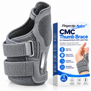 Fingertip Splint CMC thumb brace with adjustable straps and branded packaging on white background